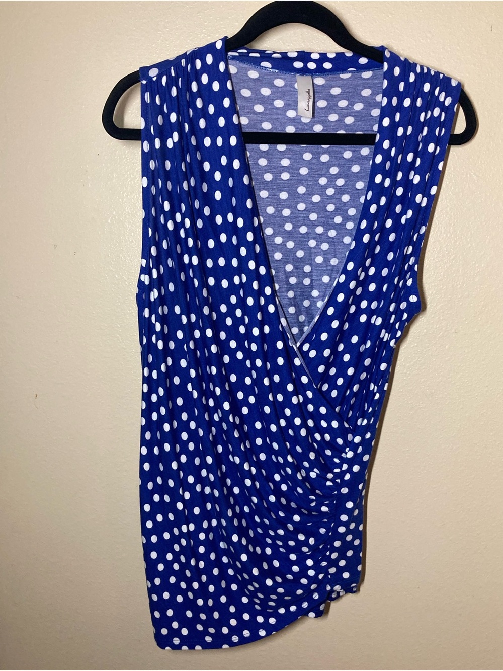 Loveappella Wrap Ruched Royal Blue/White Polka Dot Sleeveless Deep V Neck Tank